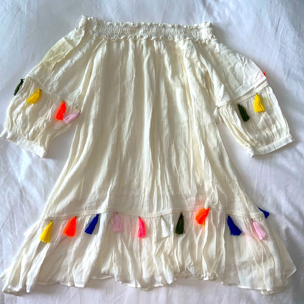 AMT Spanish Italian tassel dress tunic off shoulder embroider S cream st barts